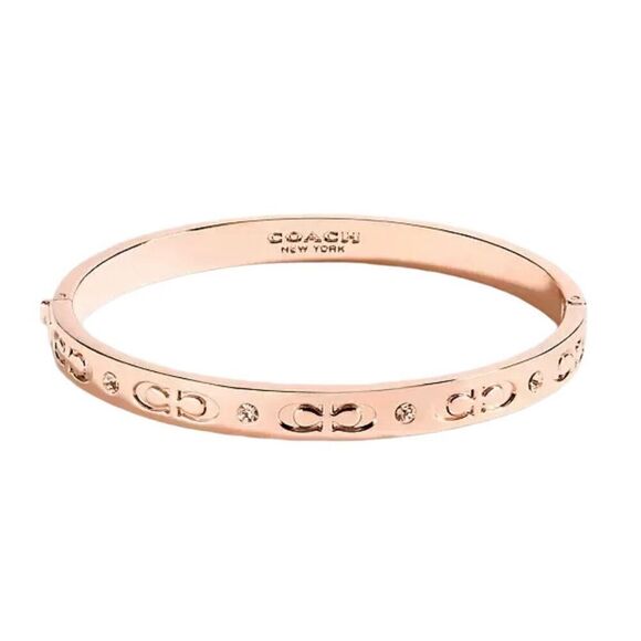 Coach Signature Hinged Rose Gold Bangle Womens Causal Rhinestone Bracelet New - Picture 1 of 4